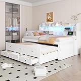 EINHOM Kinderbett Schlafsofa 90x200 cm, Tagesbett mit LED-Lichtleiste und USB+Type-C, Stauraumbett mit 3 Schubladen und Nachttischablage, Ausziehbares Bett, Ohne Matratze