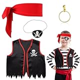 GEBETTER 4 Stück Kinder Piratenkostüm Zubehör Set Vintage Piraten Kostüm Accessoires Augenklappe Pirat Kopftuch Piraten Weste Dress Up Set für Jungen Mädchen Karneval Halloween Cosplay Piratenparty