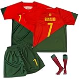 Oirigaga Fussball Trikot Kinder Set, Portugal-Heim No.7 Fußballtrikot für 10-11 Jahre Jungen, Football Jersey mit Kurzarm Shorts Socken, Atmungsaktiv und Schnelltrocknend Fußball Kostüm, Rot Grün