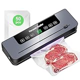 Vakuumiergerät, 7 in 1 Vakuumierer für Lebensmittel mit 50 Vakuumierbeutel, Vakuumiergerät Profi mit Cutter und Digitalem Countdown, Ideal für Küche und Restaurant Lebensmittelkonservierung