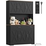 HOCSOK Küchenschrank 105x180 cm (BxH), Buffetschrank Schwarz, Sideboard mit Steckdosen, Verstellbare Einlegeböden, Arbeitsplatten und 2 Schubladen, Vorratsschrank für Küche, Wohnzimmer, Esszimmer