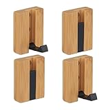 Relaxdays Garderobenhaken, 4er Set, klappbare Haken, Bambus, Metall, zum Bohren & Kleben, Kleiderhaken, Natur/schwarz