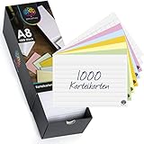 OfficeTree 1000 Karteikarten Set A8 - Karteikarten A8 Liniert, Kariert, Blanco und Bunt - Lernkarten mit Karteikarten-Box - Karteikarten für Englisch Vokabeln, Formeln und Notizen