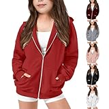 Sweatjacke Mädchen Baumwolle Zip up Sweatjacken Basic Sportlich Sweatshirts mit Reißverschluss Taschen Übergangsjacke Kinder Kleinkind Klassisch Hoodie Pullover (Wine, 9-10 Years)