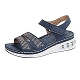 Keilsandalen für Damen, rutschfest, orthopädisch, weiche Sohlen, Wanderschuhe, offene Zehen, Strandschuhe, leicht, bequem, mit Strass, Sommer, hohle Hausschuhe für den Außenbereich, blau, 40 EU