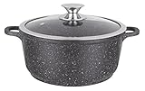 Kamberg – 0008033 – Kochtopf 28 cm – Aluminiumguss – Beschichtung in Steinoptik – Mit Glasdeckel – Für alle Herdarten, auch Induktion – PFOA‑frei, 28 x 28 x 12,5 cm, Schwarz