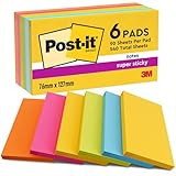 Post-it Super Sticky Notes, Packung mit 6 Blöcken, 90 Blatt pro Block, 76 mm x 127 mm, Gelb, Blau, Grün, Pink, Orange - Extra-stark klebende Notizzettel für To-Do-Listen und Erinnerungen