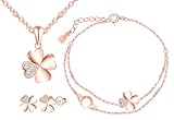 MICMIF Schmuckset 3Pcs für Damen, 925 Sterling Silber Kleeblatt Halskette Armband und Ohrringe Set, Roségold Schmuck Set Vierblättriges Kleeblatt mit Zirkonia für Mädchen Frauen Party
