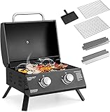 Tragbarer Gasgrill mit zwei Brennern, zusammenklappbarer Tischgrill mit eingebautem Thermometer, zwei Bedienknöpfen, Propangasgrill for das Kochen im Freien im Hinterhof, Camping-Picknick, 20000 BTU