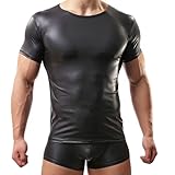 Crongless Herren Sexy T-Shirt,Lackleder Kurzarm Wetlook Top Unterhemd Fitness Latex Shirts Tank Top Slim Fit(M)