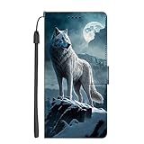 EuoDuo Kompatibel mit iPhone 14 Pro Hülle zum Klappen PU Leder Handyhülle Handytasche mit Tier Motiv Kartenfach Tasche Flip Cover Etui Schutzhülle - Weiß Wolf