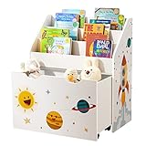 SONGMICS Spielzeugregal, Bücherregal für Kinder, Kinderzimmerregal mit 3 Fächern und herausziehbarer Spielzeugkiste mit Rollen, Spielzeug-Organizer, Kinderzimmer, für Bücher, weiß GKR41WT