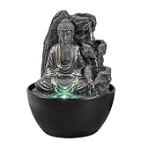 Entspannender Buddha Zimmerbrunnen – Wasserfall – Dekoration Zen Feng Shui Glücksbringer – Geschenkidee Clever und nützlicher Kleiner Preis – Tischbrunnen mit LED-Licht – H 18 cm – Revata Zen'Light