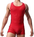 FEOYA Herren Wrestling Singlet Kurzarm Button Down Onesie Y-förmigen Sport Strampler Stretchy Gym Leotard Unterwäsche Weste Einteiler Boxer Briefs M-XXL, 04 rot, XL