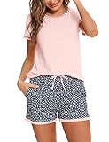 Litherday Schlafanzug Damen Kurz Pyjama Baumwolle Kurzarm Pyjamas Set Star Nachtwäsche Set Zweiteiliger mit Damen Pyjamahose und Shirt Rundhals Elastischer Bund Taschen Sleepwear für Sommer, Rosa, S