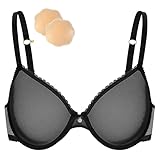 Wingslove Damen Sexy Transparenter BH Unwattierter Bügel BH Spitze Mesh Durchsichtiger BH Mit einem Paar Silikon-Brustaufkleber (Schwarz,85B)