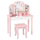 DREAMADE Schminktisch Kinder mit Hocker und abnehmbarem Spiegel,Prinzessin Frisiertisch, Frisierkommode, Kosmetiktisch, Kinderschminktisch mit Kiefernholz-Beine für Kinder Mädchen (Rosa)