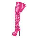 blingqueen Damen Stiefel Plateau Overknee Stiletto Crotch Boots mit Ketten Reißverschluss Rosa 46 EU