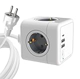 DewinLVD 7 in 1 Steckdosenwürfel, 4 Fach Mehrfachsteckdose Cube mit Schalter 4 Steckdosen 3680W/16A 2 USB A 1 USB C Steckdosenverteiler mit 1,4 Meter Verlängerungskabel für das Home Office