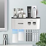 BHeadCat Zahnbürstenhalter, Zahnbürstenhalter zur Wandmontage mit Doppelter Automatischer Zahnpastaspender für Kinder und Erwachsene, 6 Pinselschlitzen, 2 magnetischen Bechern, Schwarz