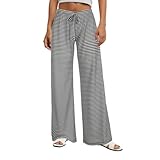 AOWVUTS Damen Yogahose Lang Stretch Pyjamahose Schlafanzughose Gestreifte Weich Lounge Freizeithose Weite Bein Relaxhose Schlafhose Drawstring Hosen Jogginghose Sporthose (Schwarz, S)