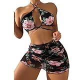 NHNKB Damen Mini Bikini Sexy Badeanzug BH Sling Bodysuit 3-teiliger Bikini-Badeanzug für Damen mit Blumenmuster, Schnürung vorne geteiltem Strandrock Bikini Damen Spaghettiträger (Black, M)