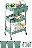 danpinera Rollwagen mit 3 Ebenen, Rollwagen Metall, Servierwagen mit feststellbaren Rädern & hängenden Bechern & Haken, Mobiler Bastelwagen für Küche, Bad, Büro, Werkstatt, Grün