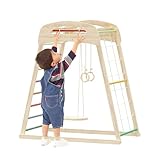 TWSOUL Klettergerüst Indoor für Kinder, Kletterdreieck mit Schaukel,Kletternetz,Turnringe Kletterdreieck Indoor ab 1 Jahr Holz Klettergerüst Baby Klettergerüst Spielplatz für Kinderzimmer
