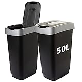 2friends Duo Mülleimer Küche 2 Fächer 50L - Geruchsdicht Doppel Abfalleimer mit Schwingdeckel 2x50 Liter Groß, 60x45x34 cm, Robust Recycelbarer Kunststoff, Schwarz/Silber, Made in EU