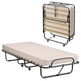 COSTWAY 80x190cm Gästebett mit Matratze aus Rückstellschaum, Klappbares Einzelbett, Stabiler Metallbett bis 130kg belastbar, Klappbett auf Rädern, Faltbett Gästezimmer, Tragbares Bett, Beige