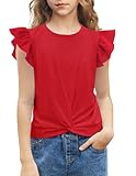 Arshiner Mädchen T-Shirts Fliegende Ärmel Freizeit Sommer Shirts Kinder Mode Rundhals Baumwolle Basic Kurzarm Tshirt für Mädchen Rot 140