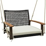 LIFEZEAL Rattan Schaukel für Garten, Hängesessel aus Weide mit abnehmbarem Kissen & Rückenlehne, Hängesitz Hängestuhl für Veranda mit 2 Seilen zum Aufhängen, Tragkraft 180 kg