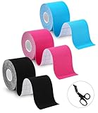 TIDEVAN 3 Rollen Sporttape (5m x 5cm) Kinesiologie Tape Physio Tape Sport Tape Set, Wasserfestes & Hautfreundliche Kinesiotape mit Spezielle Schere, für Knieschmerzen, Ellenbogen und Schulter