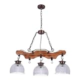 TIBU Holz Lampe Vintage Holz Hängelampe Esstisch Wohnzimmer E27 höhenverstellbar Bügel 3 flammig