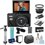 eDealz 4K 64MP Digitalkamera-Kit für Fotografie, Vlogging-Kamera für YouTube mit hochklappbarem Bildschirm, 18-facher Zoom, Weitwinkel- & Makroobjektiv, 64 GB SD, 50 Zoll Stativ, Tasche, Kartenleser,