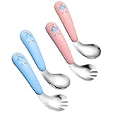 4 Teilig KinderBesteck Edelstahl, Baby Utensilien Löffel Gabel Set, Esslernbesteck Baby,Kinder Besteck Set,lernlöffel baby Löffel Gabel, Bringen Sie Ihrem Baby den Spaß,Selbstständig Essen
