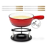 ToCi Fondueset inklusive 6 Fondue Gabeln | Käsefondue mit Stövchen 1,5 L | Emailliertes für Fleisch geeignet | Gusseisen auch mit Brühe universell einsetzbar | Schokofondue Farbe: rot