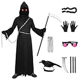 Formemory Sensenmann Halloween Kostüm Kinder Herren 8 Pcs Halloween Kostüm Kinder Jungen mit Brille Sense Kette Gürtel für Halloween Cosplay (Schwarz + Krähe Zubehör, S)