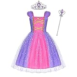 ACWOO Mädchen Prinzessin Kostüm, Rapunzel Lang Kleid Party Cosplay Verkleidung Festlich Karneval Festkleid Maxikleid Geburtstagsfeier mit Krone und Zauberstab