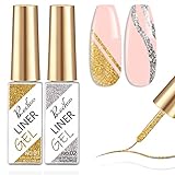 Rechoo 2pcs Gold & Silber Gel Liner Nail Art, 2 * 8ML Metallisch Glitzer UV Nagellack, Gelnägel Farben For French Fineliner, Schellack High-pigment Farbgel für Starter & Profesionals