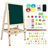 Dripex Kinder Tafel Holz Kindertafel Malerei Holztafel Doppelseitige Kreidetafel und Whiteboard Höhenverstellbar Standtafel mit 24Stk Zubehör (ab 3 Jahre)