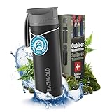 Bachgold® Profi Outdoor Wasserfilter Flasche [500ml] mit 1500L Filterkapazität I Entfernt 99,99% aller Bakterien und filtert Mikroplastik, Partikel und Chlor I Blackout- & Krisensicher (Schwarz 500ml)