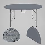 Tragbarer, runder faltbarer Picknicktisch mit Griff, robuste Metallhalterung, 300 kg Kapazität, für den Außenbereich, kompaktes Design, Grau, 136 x 74 cm