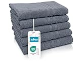 ZOLLNER 5er Set Duschtücher in 70x140 cm - Flauschige Badehandtücher aus Baumwolle - mit moderner Streifenbordüre - bis 60°C waschbar - mit praktischem Aufhänger - in grau - Hotelqualität