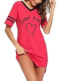 Litherday Nachthemd Damen Nachtwäsche Baumwolle Loungewear Nachtkleid Kurz Negligee Streifen Kurze Ärmel Sleepshirt Kurzarm V-Ausschnitt Sleepwear Bequeme Freizeitkleid, Rot, L