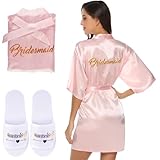 Moiuguli Morgenmantel für Hochzeit, Satin Braut/Brautjungfern Bademantel V Ausschnitt, Bride/Brautjungfern Bademantel mit Gürtel Hausschuhe Braut&Brautjungfer Kimono für Hochzeit Party