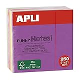 Apli 11596 Funny Sticky Notes 51 x 51 mm Mini Block 250 Blatt 5 verschiedene fluoreszierende Farben