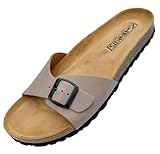 GONKOS®, Ledersandalen mit Kork Einlegesohle, Echtes Leder Pantoletten, Naturkork, verstellbare Schnalle am Fuß, Schaufelsandale für Damen, Qualitätssandale Made in Spain, Farbe Stein Größe 38