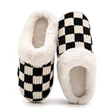 Waysoland Hausschuhe Damen Herren,Flauschige Damen Plüsch Pantoffeln aus Memory-Schaum Kariert Rutschfeste Sohle für Schlafzimmer Winter Slippers für Drinnen Draußen(Fluffy Schwarz,38/39 EU)