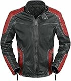MERCH ATTIRE Motorrad-Bikerjacke für Herren, Leder, mit Café-Racer-Streifen, Schwarz und Rot, Schwarz - Kunstleder, 3XL